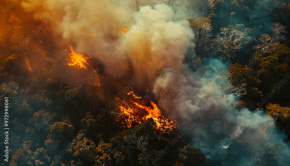 Fototapeta premium Aerial View of Intense Forest Fire with Thick Smoke and Flames Engulfing the Trees - Environmental Disaster, Climate Change, and Wildfire Crisis 