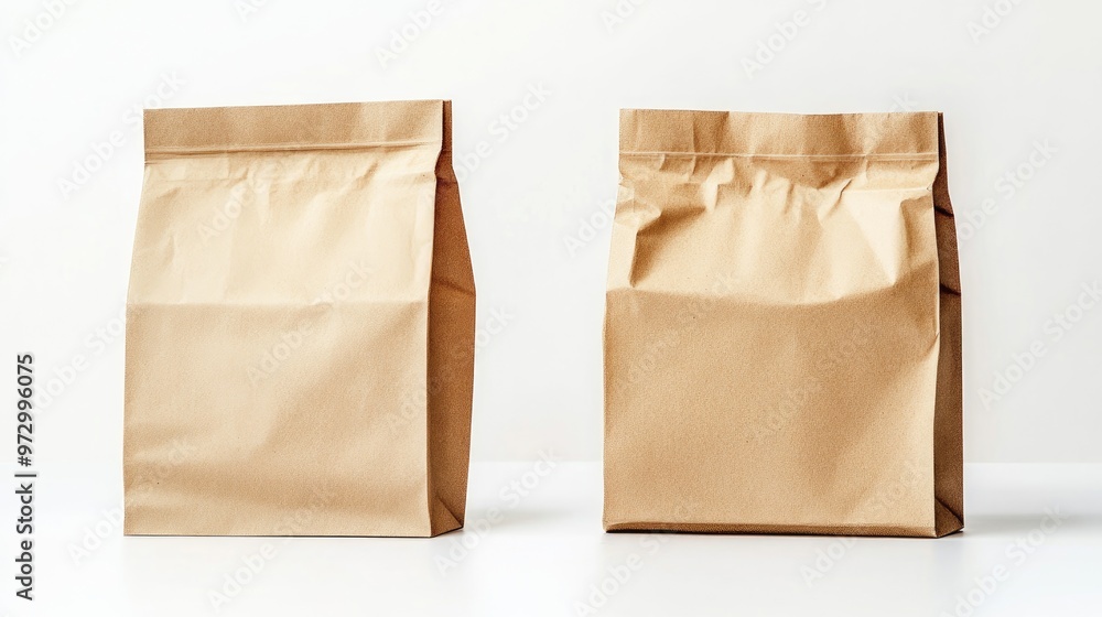 Two brown paper bags side by side, displaying the front and back views on a white background, ideal for product mockups and eco-friendly branding visuals. Two brown paper bags side by side, displaying the front and back views on a white background, ideal for product mockups and eco-friendly branding visuals.