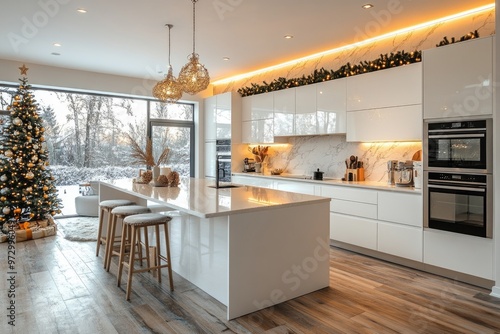 White modern kitchen interior, with kitchen island beautifully decorated for Christmas holidays photo