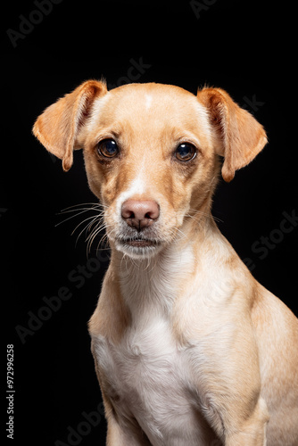 This small tan dog stands confidently under bright lighting, its expressive eyes capturing attention against a black background, ready for a playful moment.