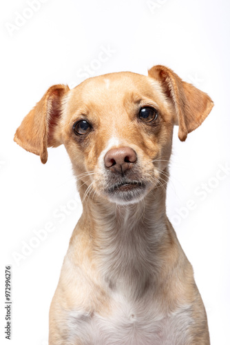 This tan dog showcases its charming personality with a curious expression, perfectly illuminated against a white backdrop in a studio environment.