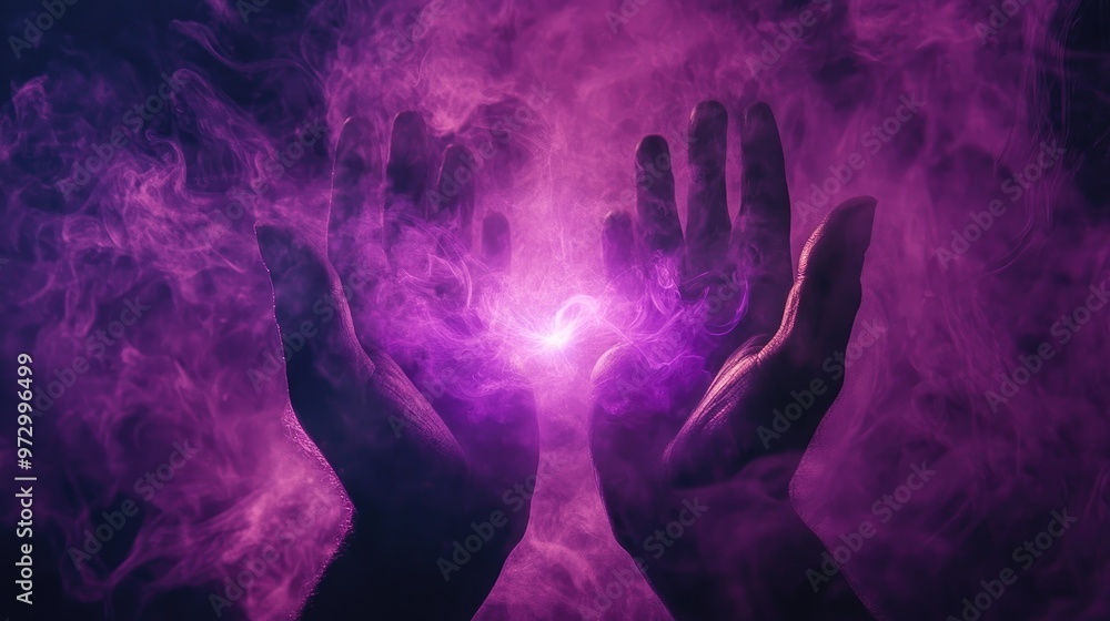 Two hands cupped together with a glowing light emanating from within, surrounded by purple smoke. Two hands cupped together with a glowing light emanating from within, surrounded by purple smoke.