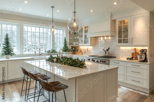 White modern kitchen interior, with kitchen island beautifully decorated for Christmas holidays
