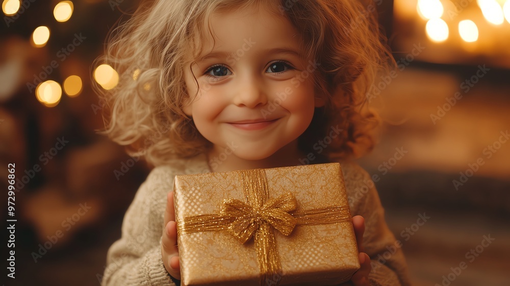 A young girl smiles happily while holding a wrapped gift in front of a warm, festive backdrop. A young girl smiles happily while holding a wrapped gift in front of a warm, festive backdrop.