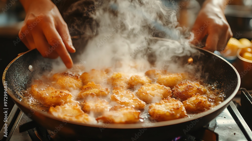 Close-up of steaming, golden fried food in a pan. Close-up of steaming, golden fried food in a pan.