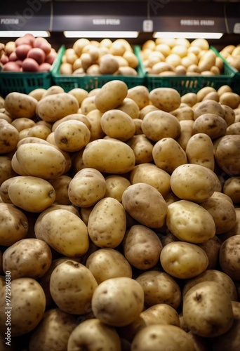 A supermarket features a vibrant display of fresh potatoes piled high, surrounded by other produce. Shoppers browse nearby, enjoying the variety available. Generative AI