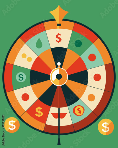 A roulette wheel with various commodity symbols instead of numbers symbolizing the risky and unpredictable nature of investments.. Vector illustration