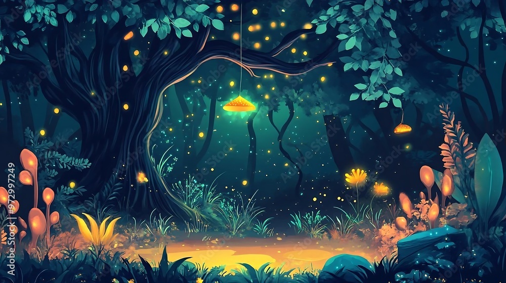 Enchanted Forest at Night with Glowing Lights and Lush Greenery Enchanted Forest at Night with Glowing Lights and Lush Greenery