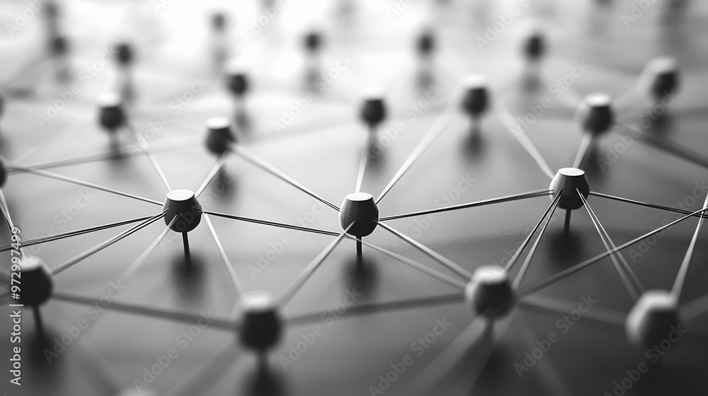 Abstract network of interconnected white pins on a grey surface, representing connectivity, communication, and relationships. Abstract network of interconnected white pins on a grey surface, representing connectivity, communication, and relationships.