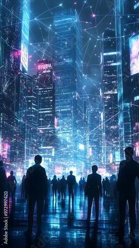 Wallpaper Mural A crowd of business people in an office space, connected by glowing data connections to each other and the building they stand inside Torontodigital.ca