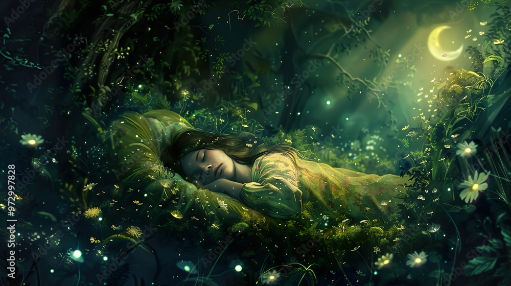 A young woman sleeps peacefully in a magical forest, surrounded by glowing fireflies and a crescent moon. A young woman sleeps peacefully in a magical forest, surrounded by glowing fireflies and a crescent moon.