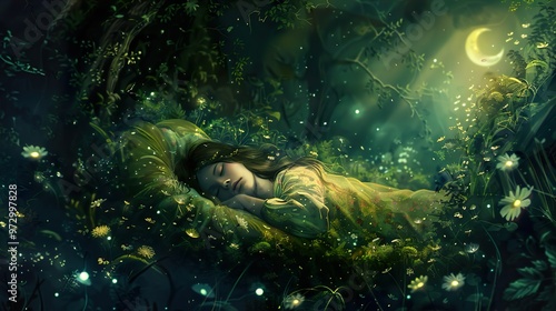 A young woman sleeps peacefully in a magical forest, surrounded by glowing fireflies and a crescent moon.