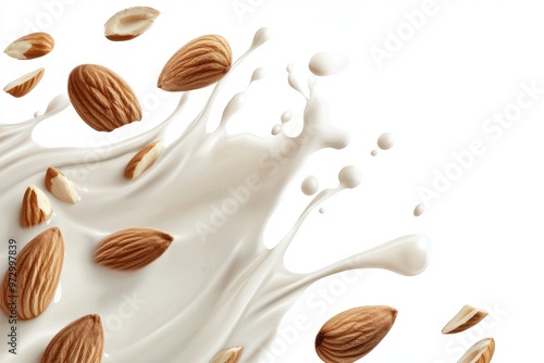 Wallpaper Mural Flowing liquid wave of milk splashing with falling crushed almonds, high nutrient drink, isolated on white background. Torontodigital.ca