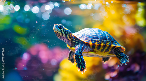 A turtle using a small ramp or accessory in its tank, captured from a high-angle view with a vibrant background, highlighting the turtle’s interaction with its environment and the playful aspect  photo