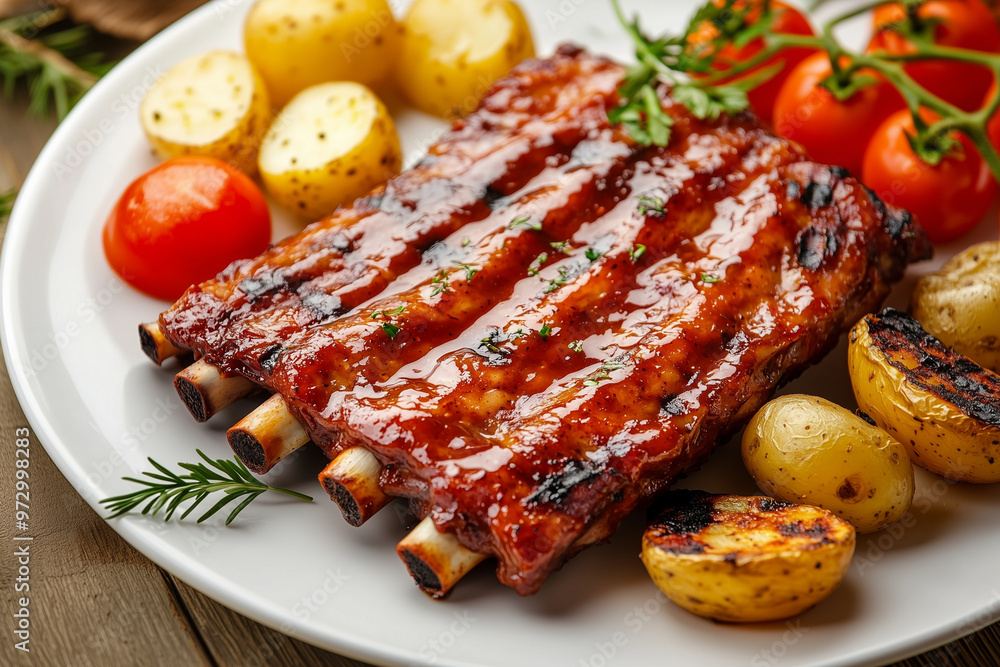 grilled pork ribs with a side of tomatoes, potatoes, and peppers, all perfectly barbecued. Highlight the ribs for hotel restaurant advertisement grilled pork ribs with a side of tomatoes, potatoes, and peppers, all perfectly barbecued. Highlight the ribs for hotel restaurant advertisement