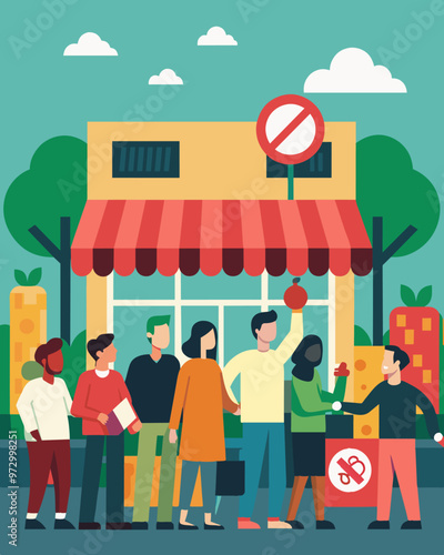A protest in front of a grocery store with people refusing to enter and buy anything as a form of boycott against the high prices.. Vector illustration