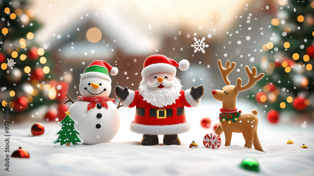 Cartoon Santa Claus with happy snowman and reindeer in snowy landscape. for Your Christmas and New Year greeting Design or Animation. Cartoon holiday character. Santa Claus. Cute Santa Claus 3D Cartoon Santa Claus with happy snowman and reindeer in snowy landscape. for Your Christmas and New Year greeting Design or Animation. Cartoon holiday character. Santa Claus. Cute Santa Claus 3D
