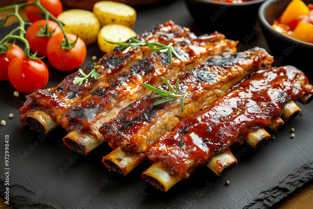 grilled pork ribs with a side of tomatoes, potatoes, and peppers, all perfectly barbecued. Highlight the ribs for hotel restaurant advertisement grilled pork ribs with a side of tomatoes, potatoes, and peppers, all perfectly barbecued. Highlight the ribs for hotel restaurant advertisement