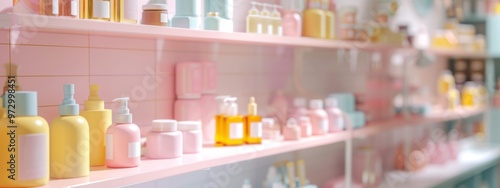 Wallpaper Mural Pastel-colored cosmetic bottles on bathroom shelves Torontodigital.ca