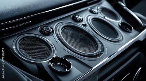 An image of a car audio system with removable speaker covers, showing the speakers in their various configurations and the versatility of the setup. photo