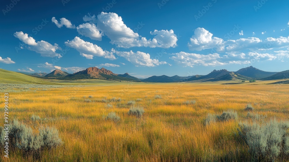 Fototapeta premium Expansive landscape featuring golden grass and distant mountains.