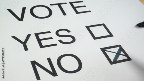 A ballot paper. Vote yes or no. Making a choice and deciding on NO. Putting a cross in a box.
