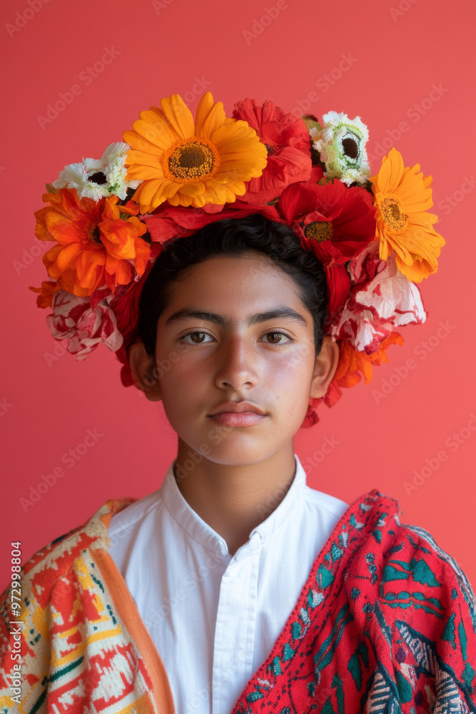 Smiling latin american woman in traditional colorful clothing on solid color background