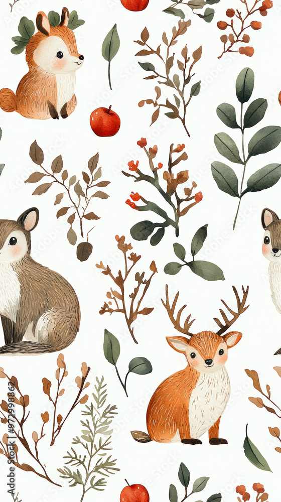 Naklejka premium A seamless pattern featuring woodland animals like fox and deer, surrounded by vintage botanical elements. This charming design evokes sense of nature and whimsy