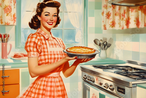 A cheerful woman in vintage kitchen holds freshly baked pie, showcasing classic 1950s aesthetic. bright colors and retro decor evoke sense of nostalgia and warmth