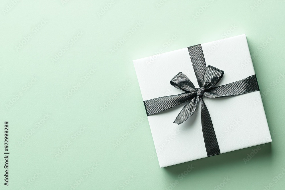 A white gift box with a black ribbon bow is placed against a light green background, representing celebration and gifting suitable for holiday, birthday, and marketing themes, A white gift box with a black ribbon bow is placed against a light green background, representing celebration and gifting suitable for holiday, birthday, and marketing themes,