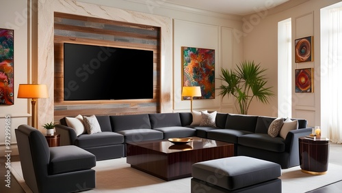 A cozy living room featuring a large, vibrant painting on the wall, creating an inviting atmosphere for relaxation. 