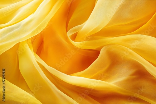 A bright yellow floating fabric with soft ripples and translucent folds, gracefully waving in the air against a blue background, conveying a sense of lightness and fluidity.