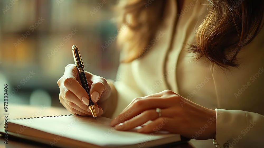 Elegant Businesswoman Writing on Notepad with Blurred Office Background - Close-up of Hand and Pen Focus Elegant Businesswoman Writing on Notepad with Blurred Office Background - Close-up of Hand and Pen Focus