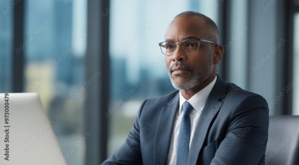African American man in office with laptop, wearing suit and tie African American man in office with laptop, wearing suit and tie