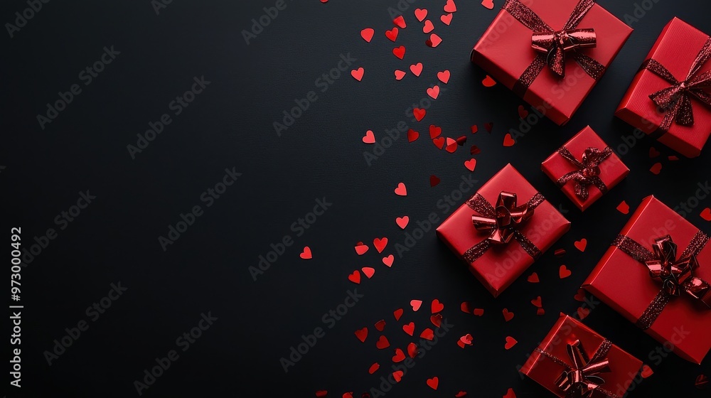 Red Gift Boxes with Confetti on Black Surface Red Gift Boxes with Confetti on Black Surface