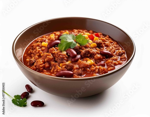 bowl of chili with beans and ground beef, isolated on white background