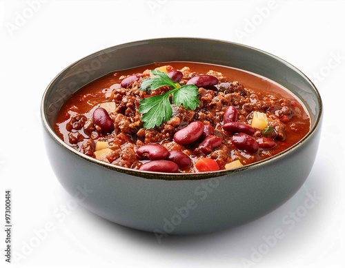 bowl of chili with beans and ground beef, isolated on white background