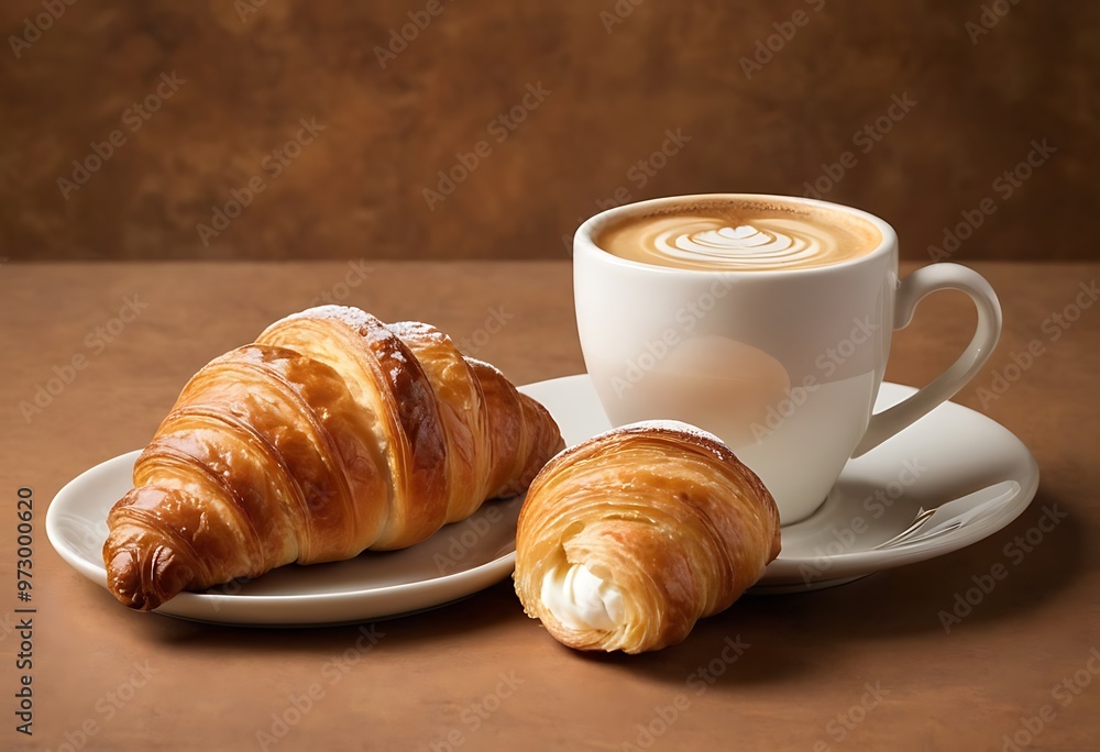 Fresh Croissant and Cup of Cappuccino with beautiful cream latte art Fresh Croissant and Cup of Cappuccino with beautiful cream latte art