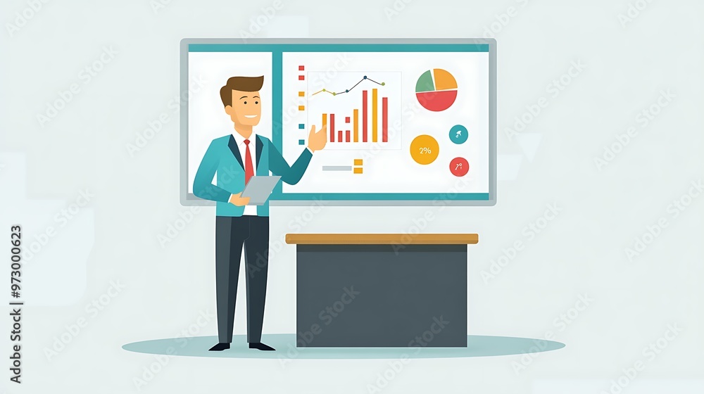 Modern Business Executive Delivering Presentation with Digital Projector and Graphs on Screen Modern Business Executive Delivering Presentation with Digital Projector and Graphs on Screen