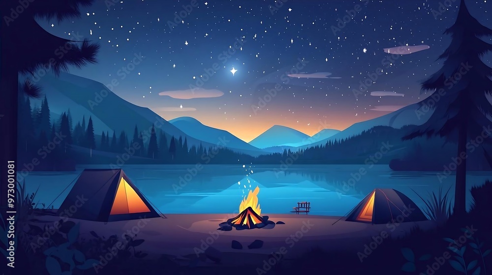 Night Camping by the Lake with Bonfire and Starry Sky Night Camping by the Lake with Bonfire and Starry Sky