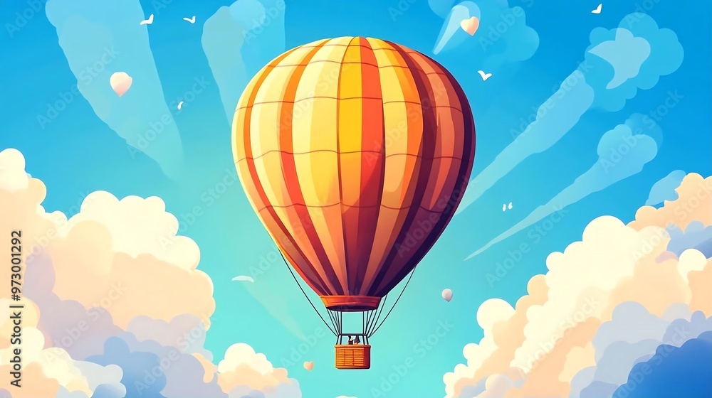 Obraz premium Colorful Hot Air Balloon Flying Over Clouds In Blue Sky