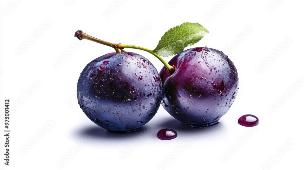 Two purple plums with a leaf on top Two purple plums with a leaf on top