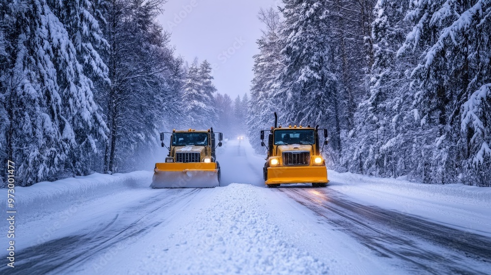 Road Scrapers Working on Snowy Winter Roads in the Forest Road Scrapers Working on Snowy Winter Roads in the Forest