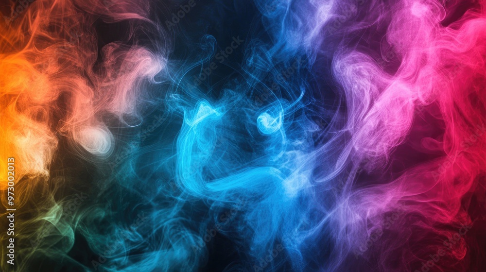 Vibrant swirls of multicolored smoke against a dark background, creating an ethereal and dynamic abstract effect with rich hues blending together. Vibrant swirls of multicolored smoke against a dark background, creating an ethereal and dynamic abstract effect with rich hues blending together.