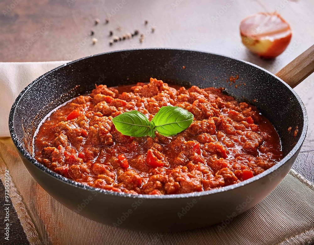 Bolognese sauce in a frying pan close up on the table Bolognese sauce in a frying pan close up on the table