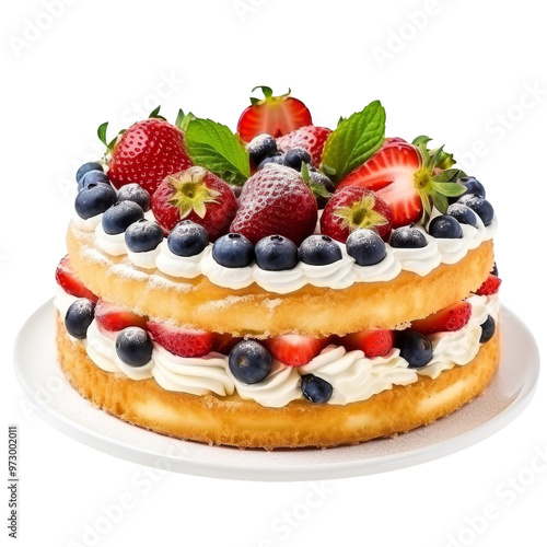 Delicious Layered Cake Topped with Fresh Berries and Cream.