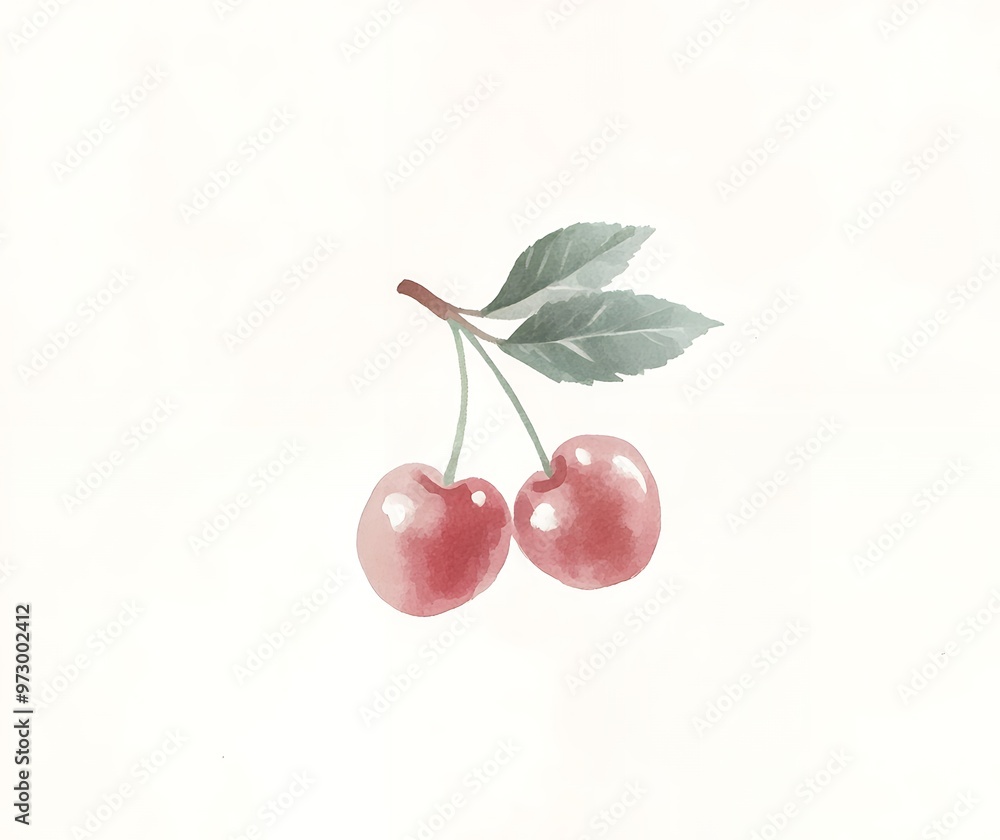 Two ripe cherries with green leaves on a white background. Two ripe cherries with green leaves on a white background.