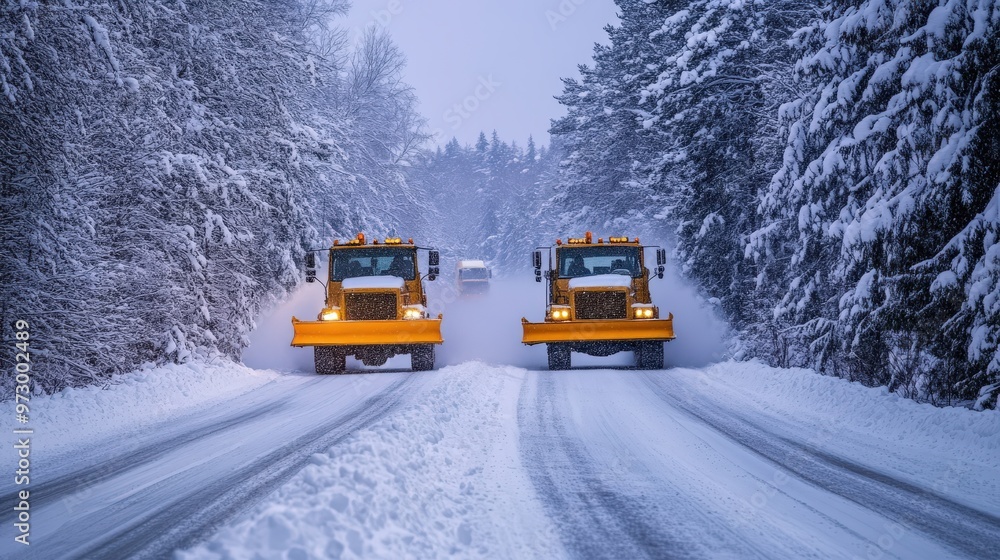 Road Scrapers Working on Snowy Winter Roads in the Forest Road Scrapers Working on Snowy Winter Roads in the Forest