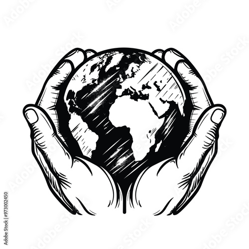 Illustration of hands gently holding the Earth, symbolizing care and protection.