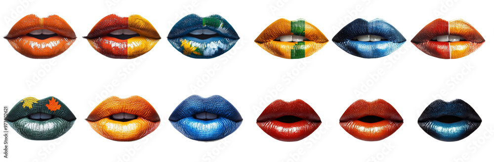 Vibrant lips painted in various colors and patterns, showcasing artistic expression. Vibrant lips painted in various colors and patterns, showcasing artistic expression.
